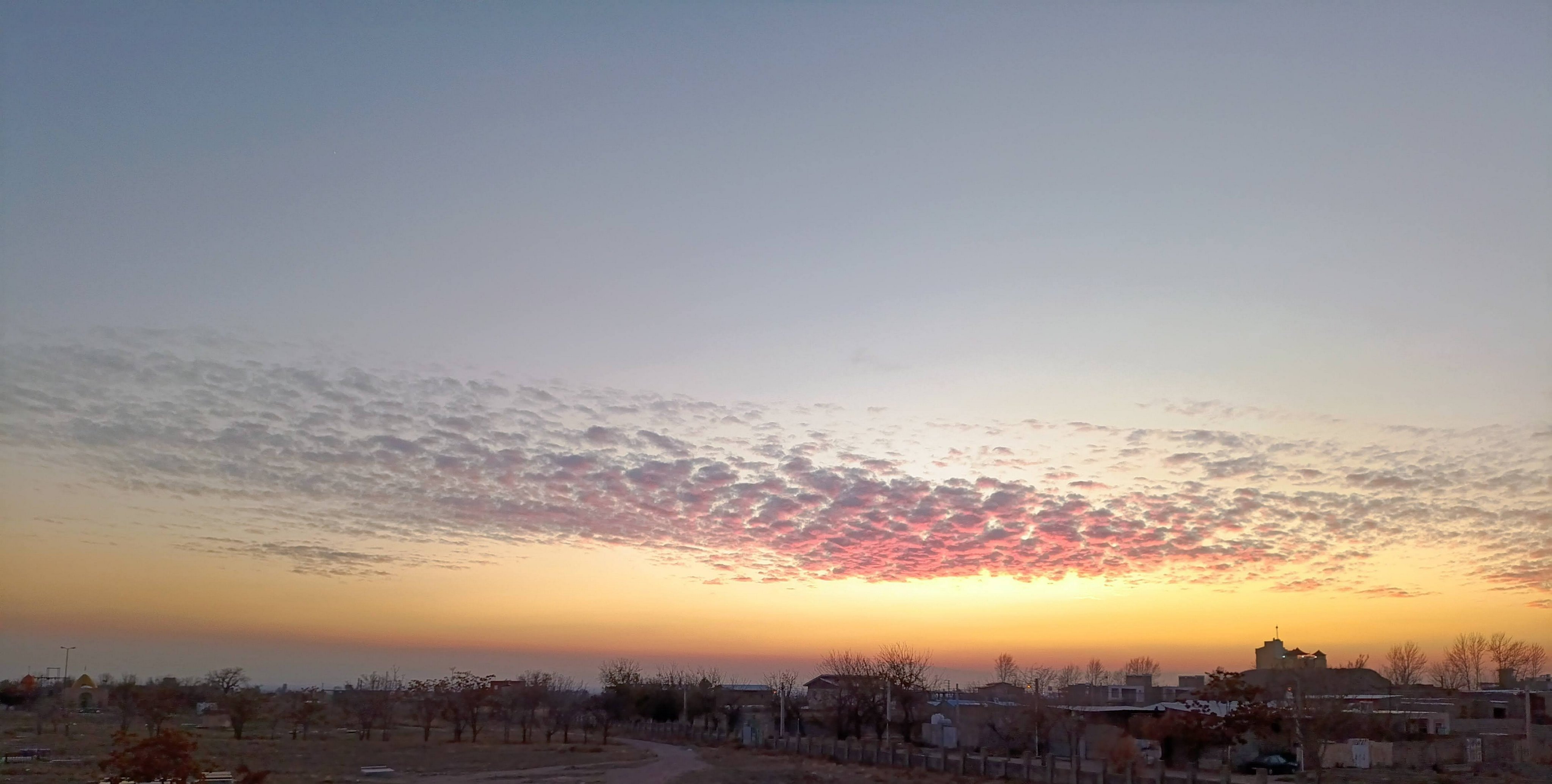 Pink altocumulus cloud band at twilight